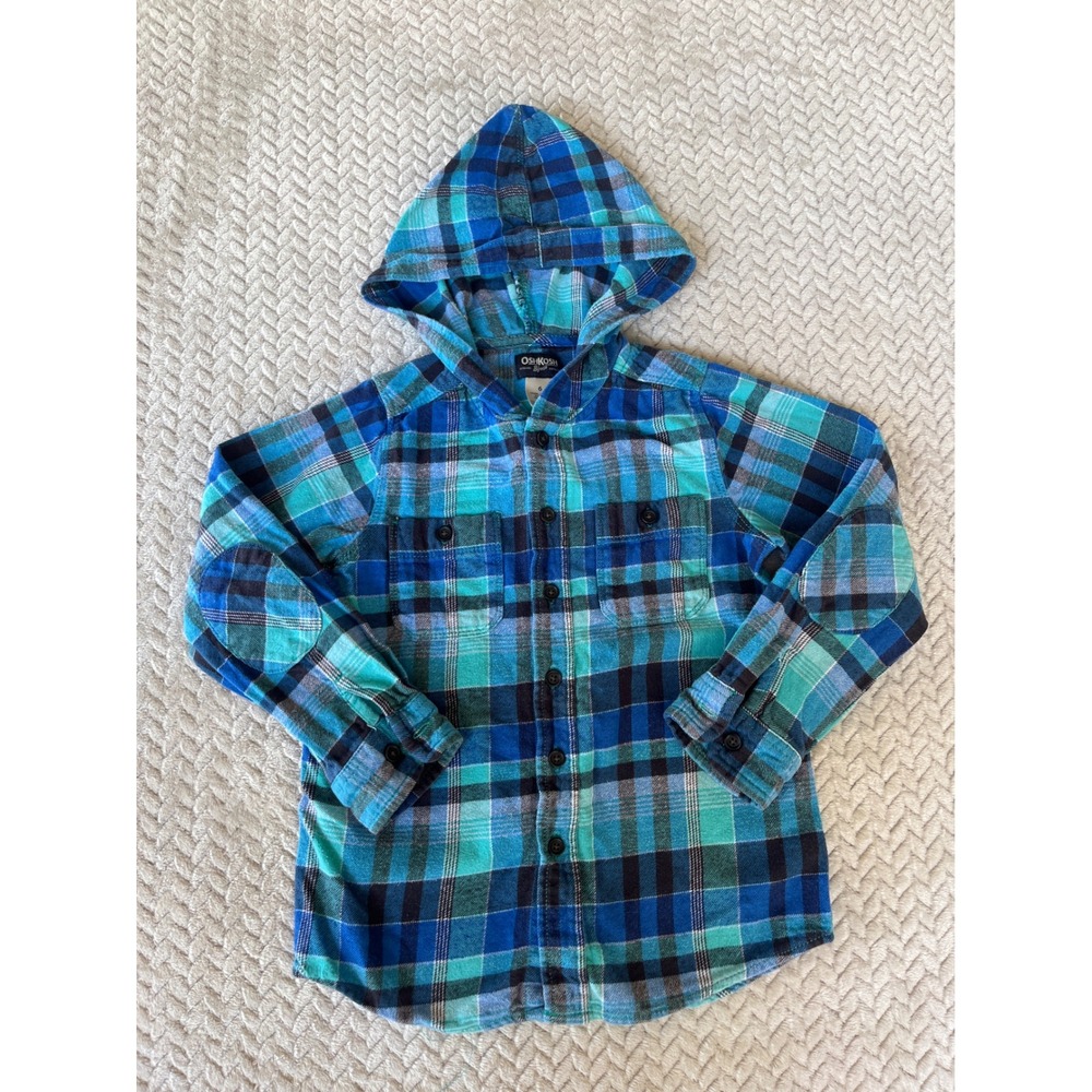 OshKosh Bgosh Boys Blue Teal Plaid Hooded Flannel Shirt Size 6